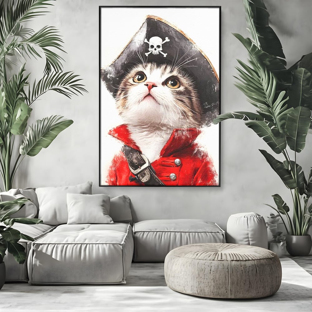 Tablou canvas cu tablou canvas cu motan pirat, in rama de aluminiu negru, pe perete intr-un living